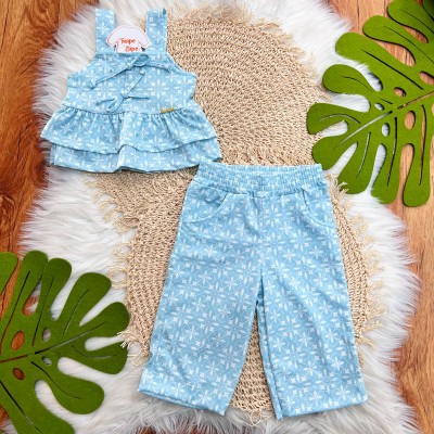 Conj. Bata e Calça Pantacourt Floral - Azul